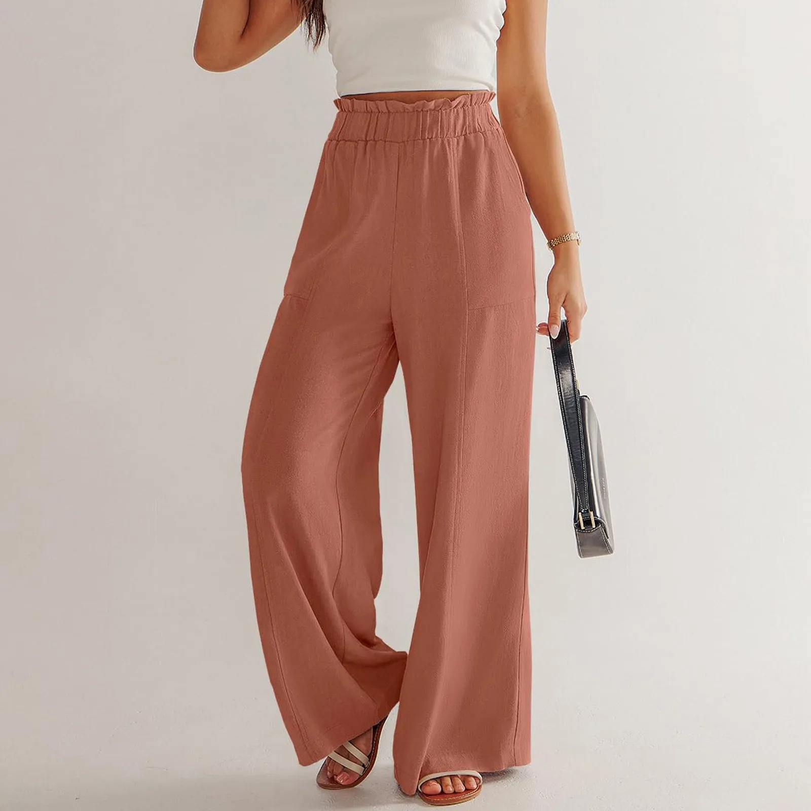 Low Rise Frill Multiple Pockets Resort Linen-feel Pants
