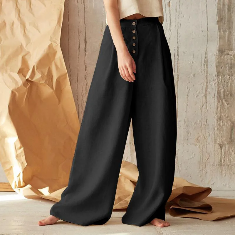 High Waisted Button Side Pocket Wide Leg Linen-feel Casual Cotton Pants