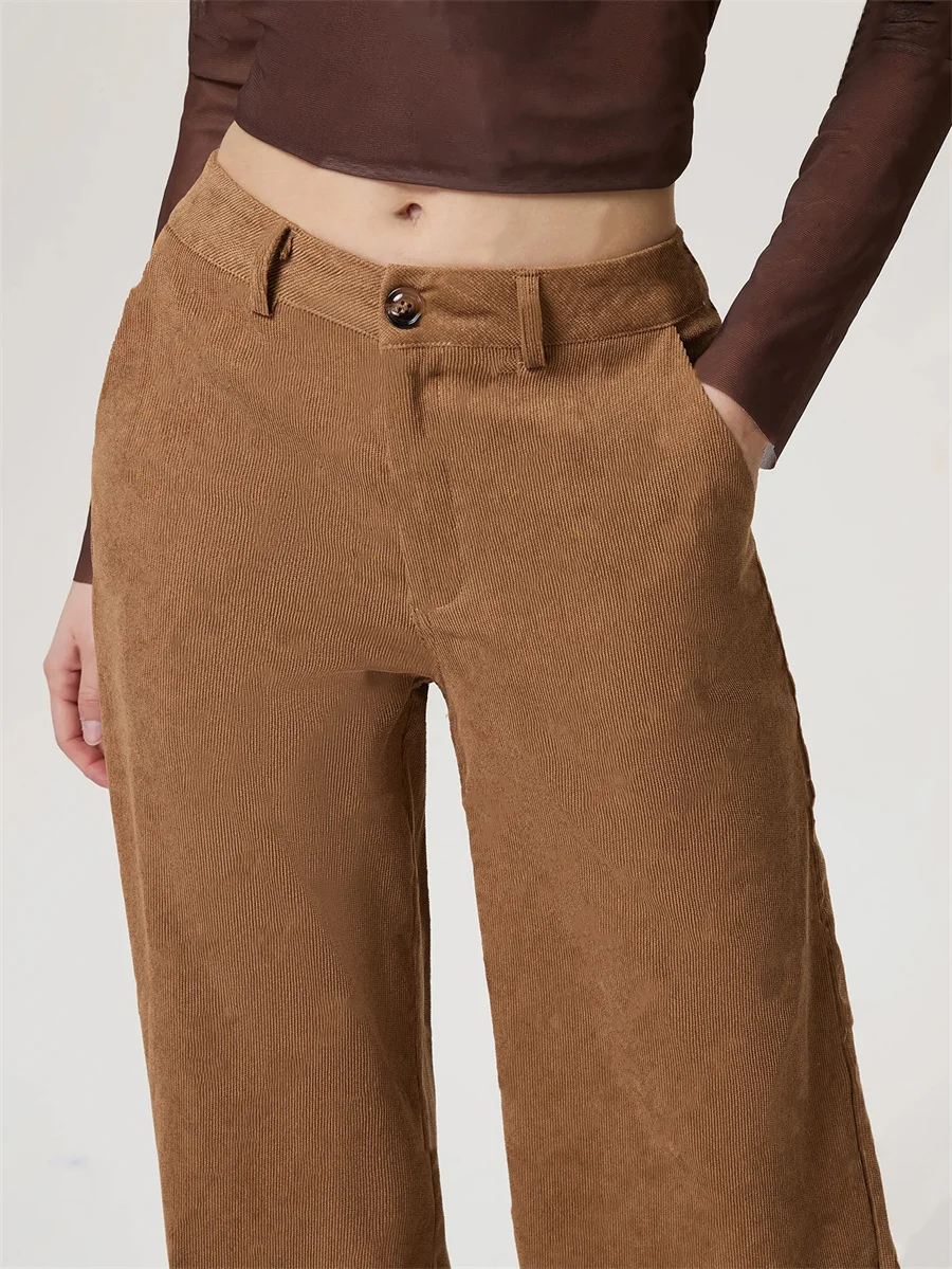 High Waisted Front Side Pocket Wide Leg Corduroy Casual Pants
