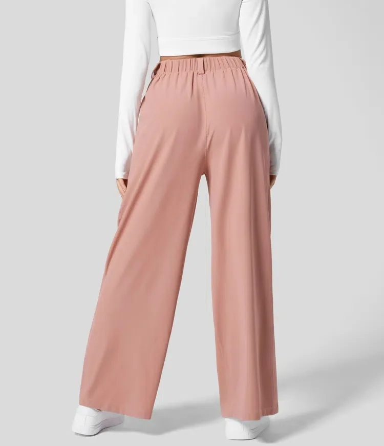 High Waisted Side Pocket Wide Leg Flowy Solid Palazzo Quick Dry Casual Pants