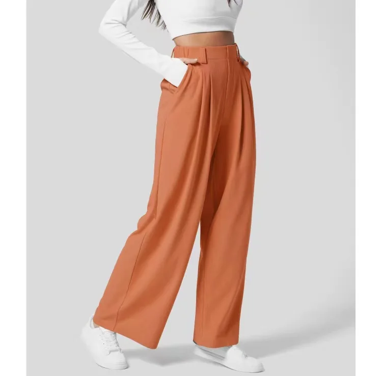 High Waisted Button Zipper Side Pocket Straight Leg Work Pants