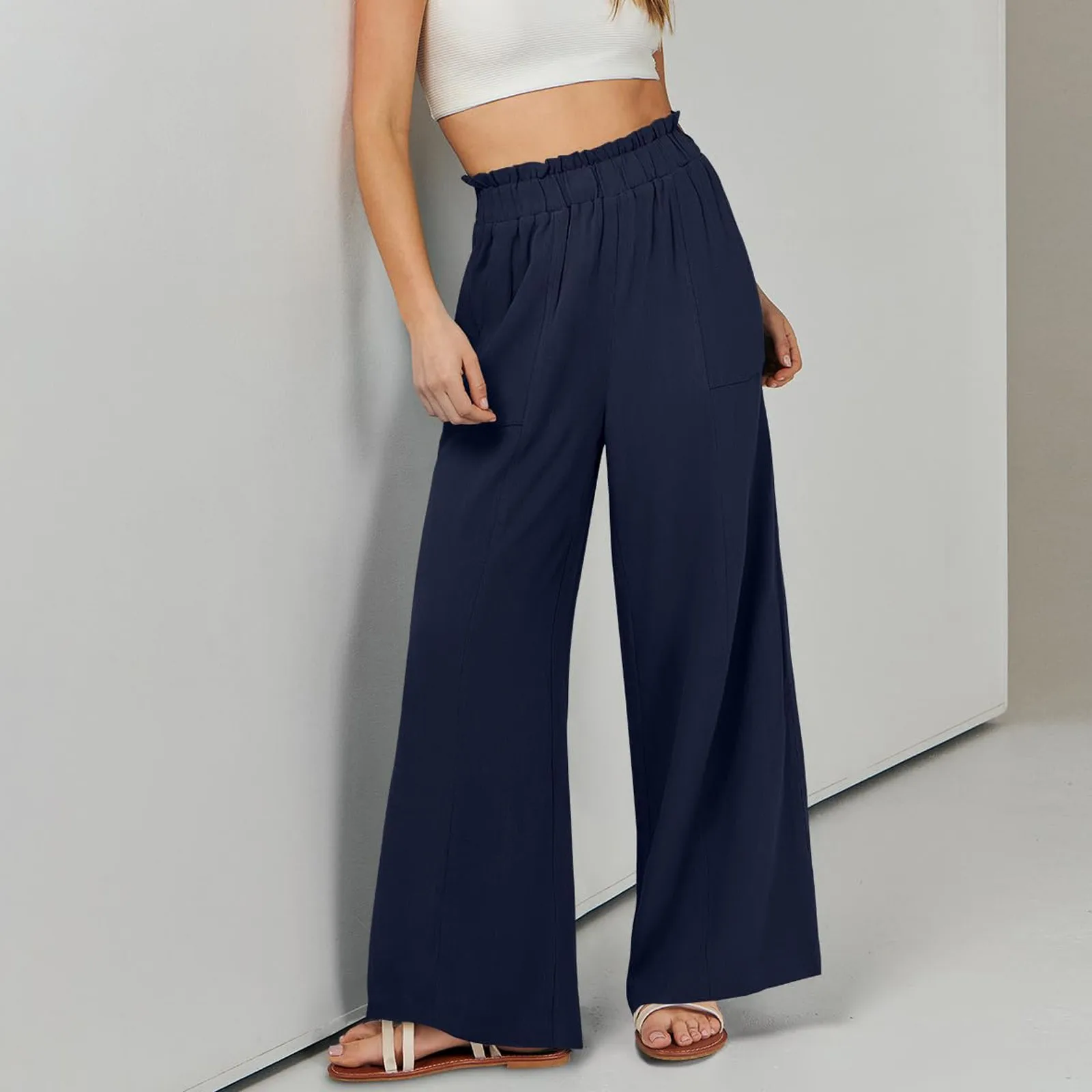 Low Rise Frill Multiple Pockets Resort Linen-feel Pants