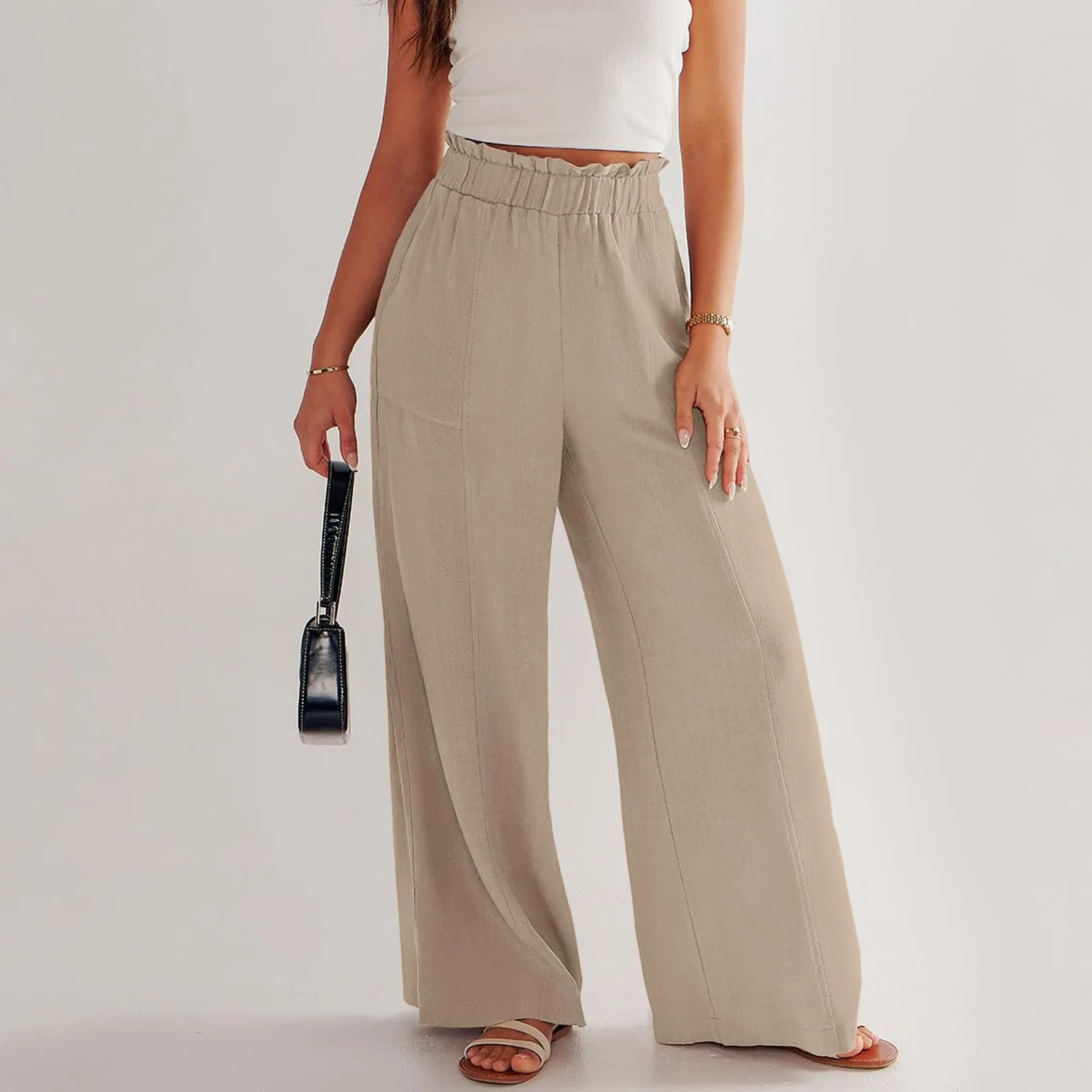 Low Rise Frill Multiple Pockets Resort Linen-feel Pants