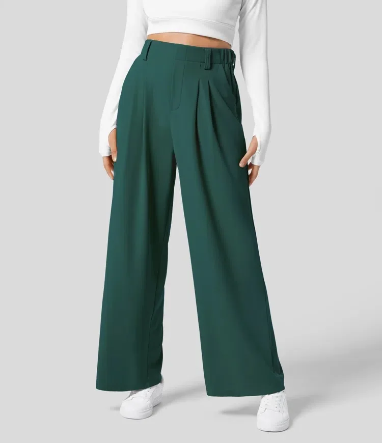 High Waisted Side Pocket Wide Leg Flowy Solid Palazzo Quick Dry Casual Pants
