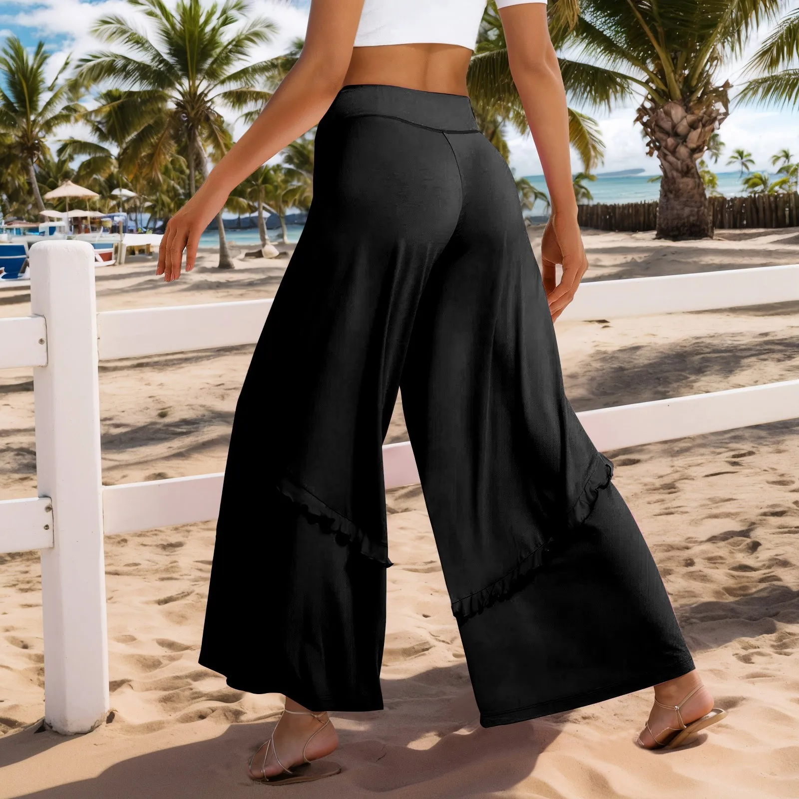 Mid Rise Back Pocket Ruffle Flowy Wide Leg Casual Pants