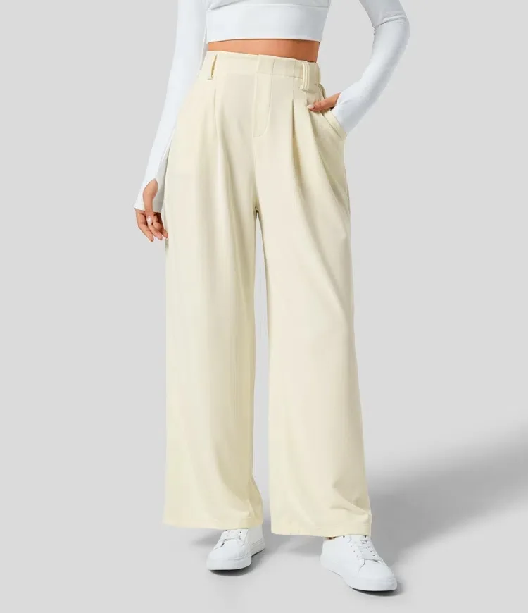High Waisted Side Pocket Wide Leg Flowy Solid Palazzo Quick Dry Casual Pants