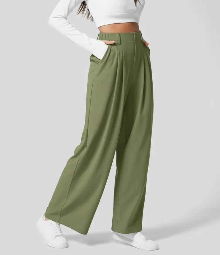 High Waisted Side Pocket Wide Leg Flowy Solid Palazzo Quick Dry Casual Pants