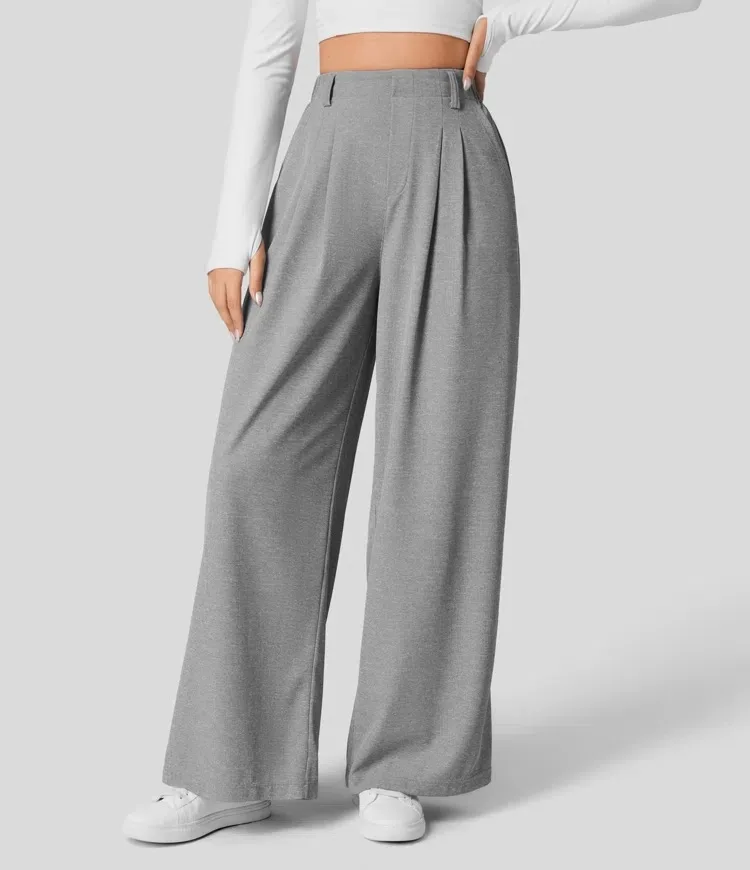 High Waisted Side Pocket Wide Leg Flowy Solid Palazzo Quick Dry Casual Pants
