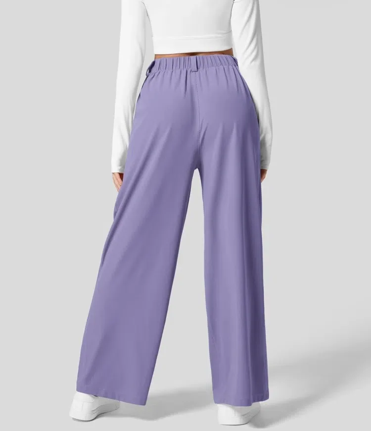 High Waisted Side Pocket Wide Leg Flowy Solid Palazzo Quick Dry Casual Pants