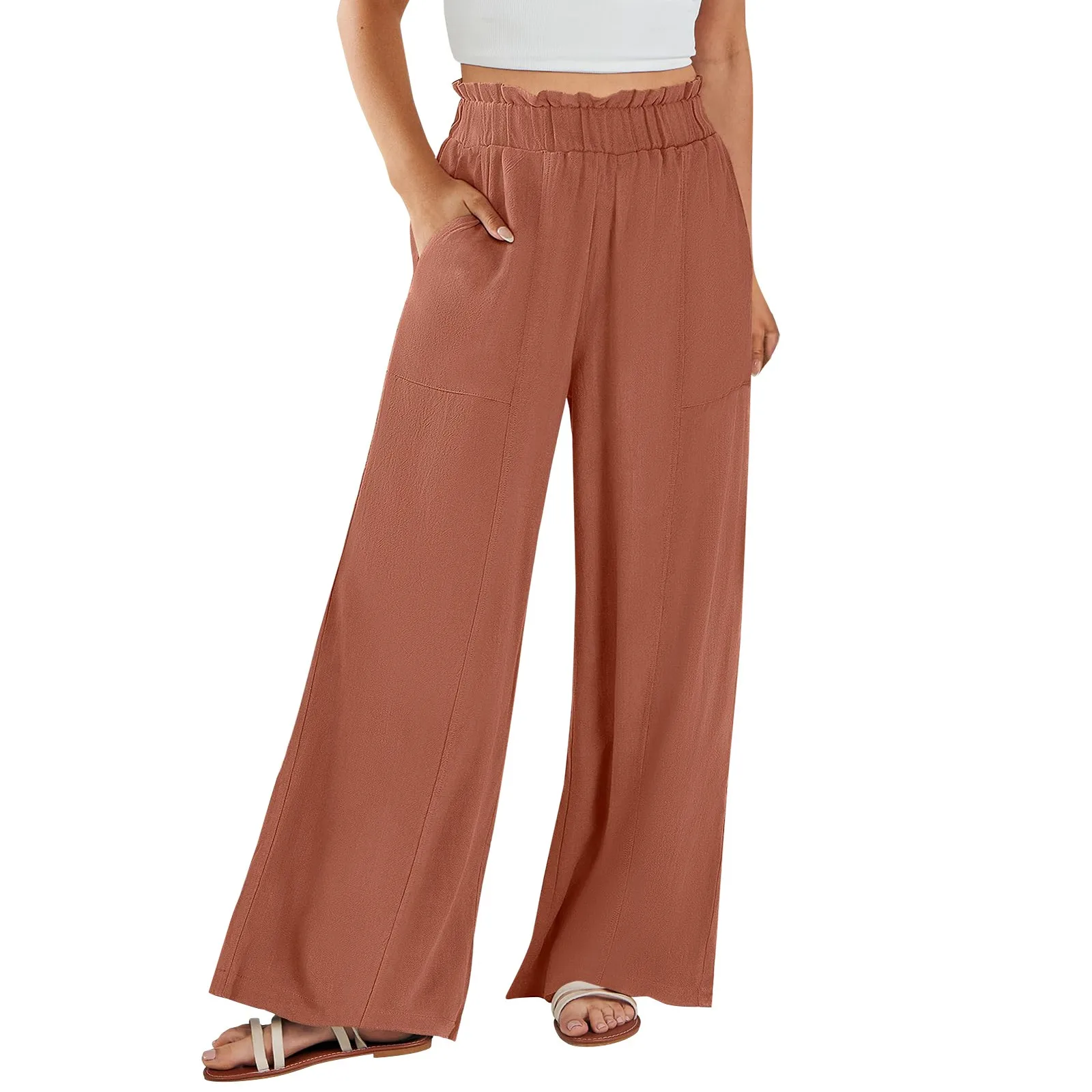 Low Rise Frill Multiple Pockets Resort Linen-feel Pants