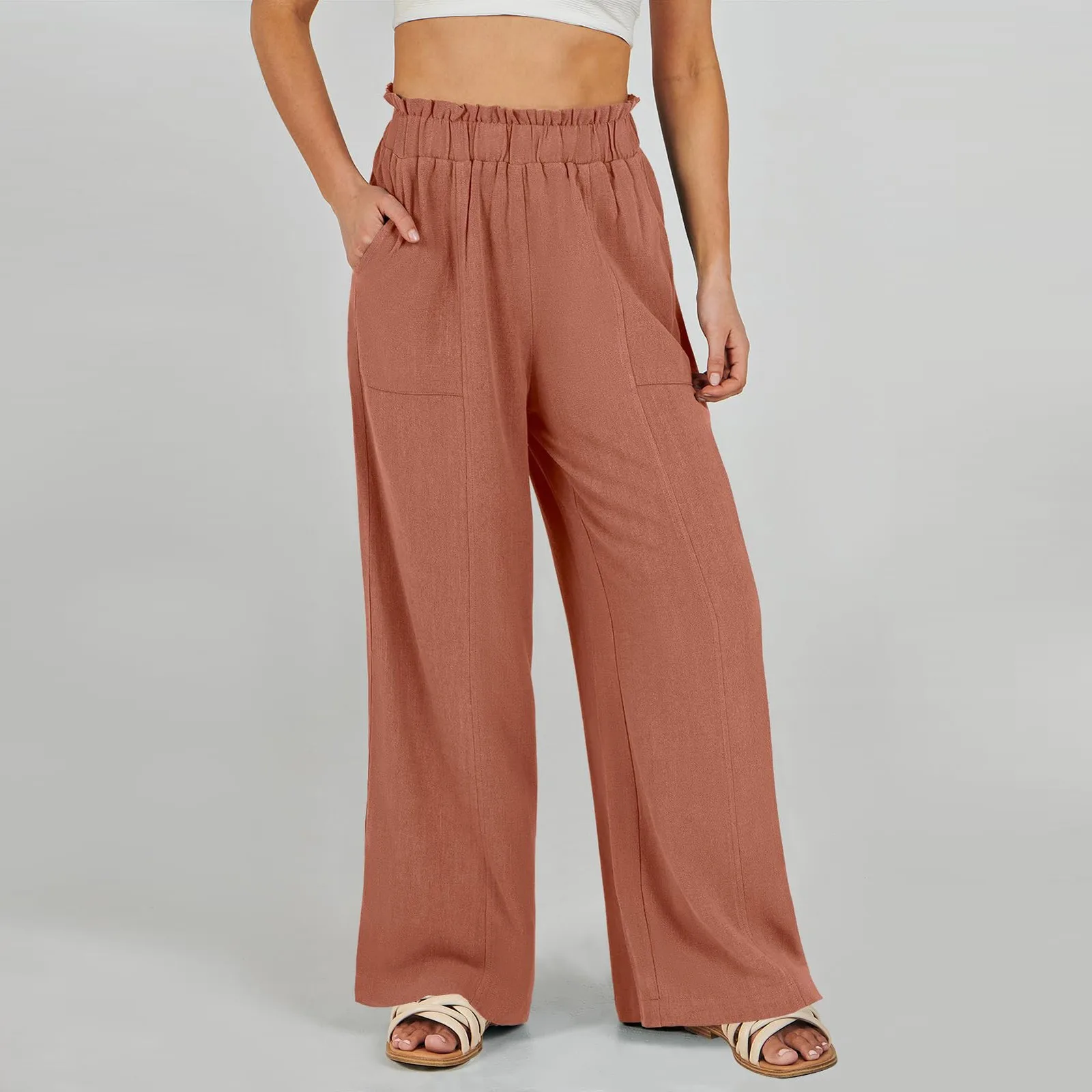 Low Rise Frill Multiple Pockets Resort Linen-feel Pants