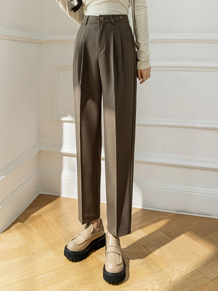 High Waisted Side Pocket Straight Leg Adjustable Hem Work Pants