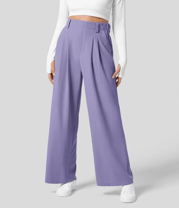 High Waisted Side Pocket Wide Leg Flowy Solid Palazzo Quick Dry Casual Pants