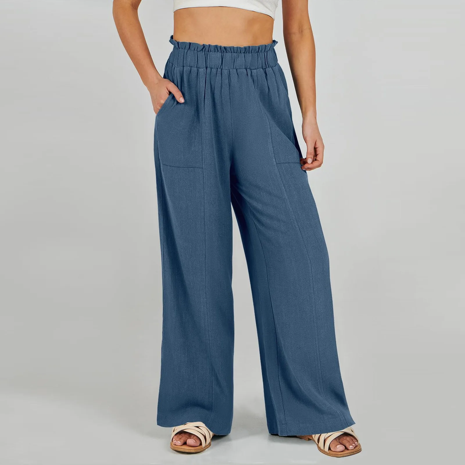 Low Rise Frill Multiple Pockets Resort Linen-feel Pants
