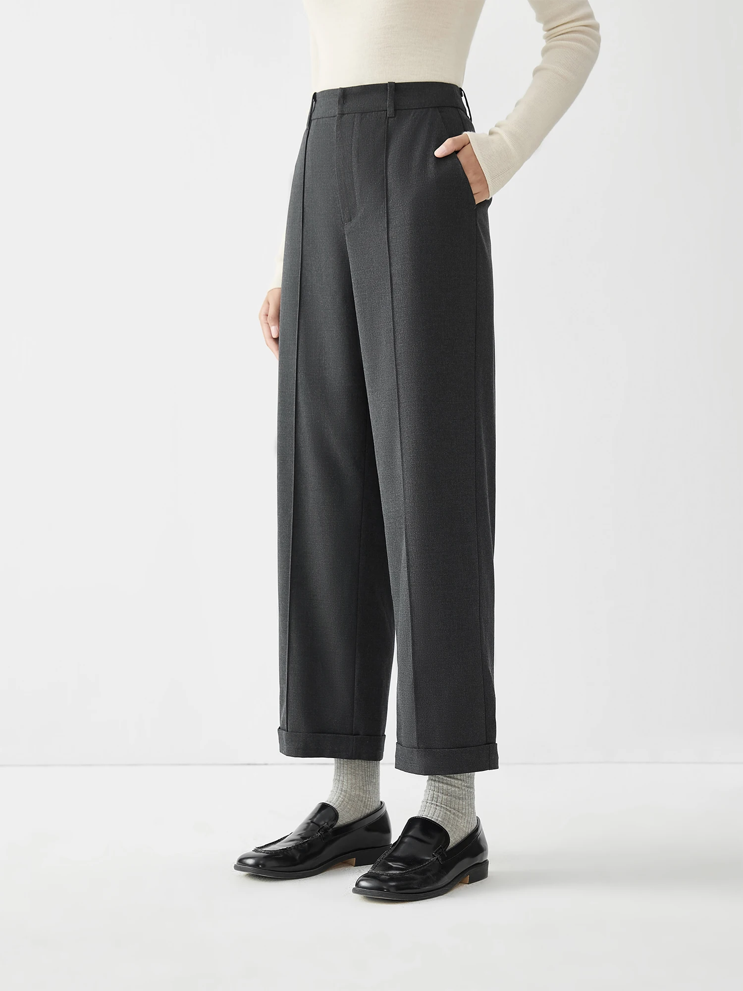High Waisted Side Pocket Roll-up Legs Work Pants