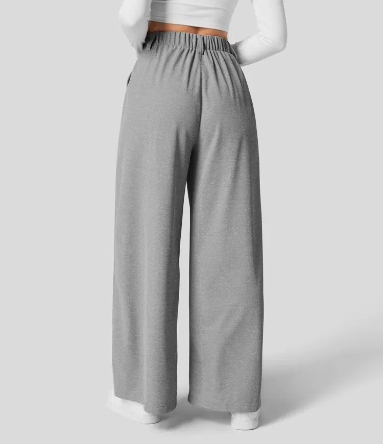 High Waisted Side Pocket Herringbone Wide Leg Work Pants