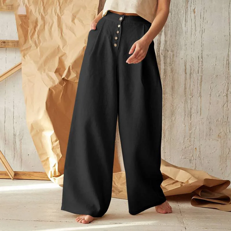 High Waisted Button Side Pocket Wide Leg Linen-feel Casual Cotton Pants