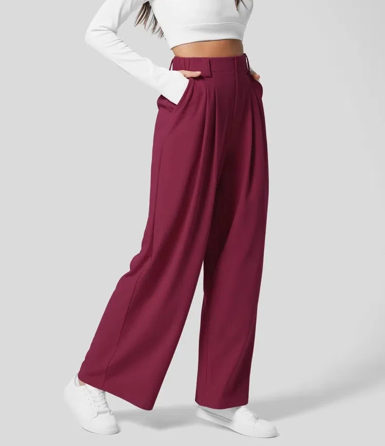 High Waisted Side Pocket Wide Leg Flowy Solid Palazzo Quick Dry Casual Pants