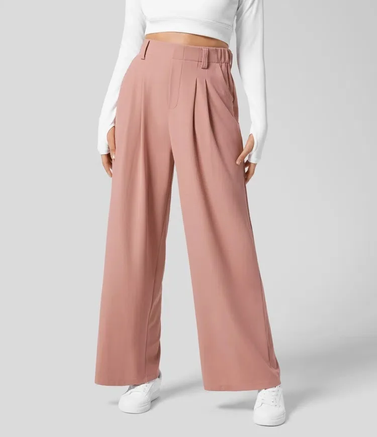 High Waisted Side Pocket Wide Leg Flowy Solid Palazzo Quick Dry Casual Pants