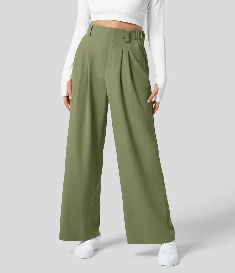 High Waisted Side Pocket Wide Leg Flowy Solid Palazzo Quick Dry Casual Pants