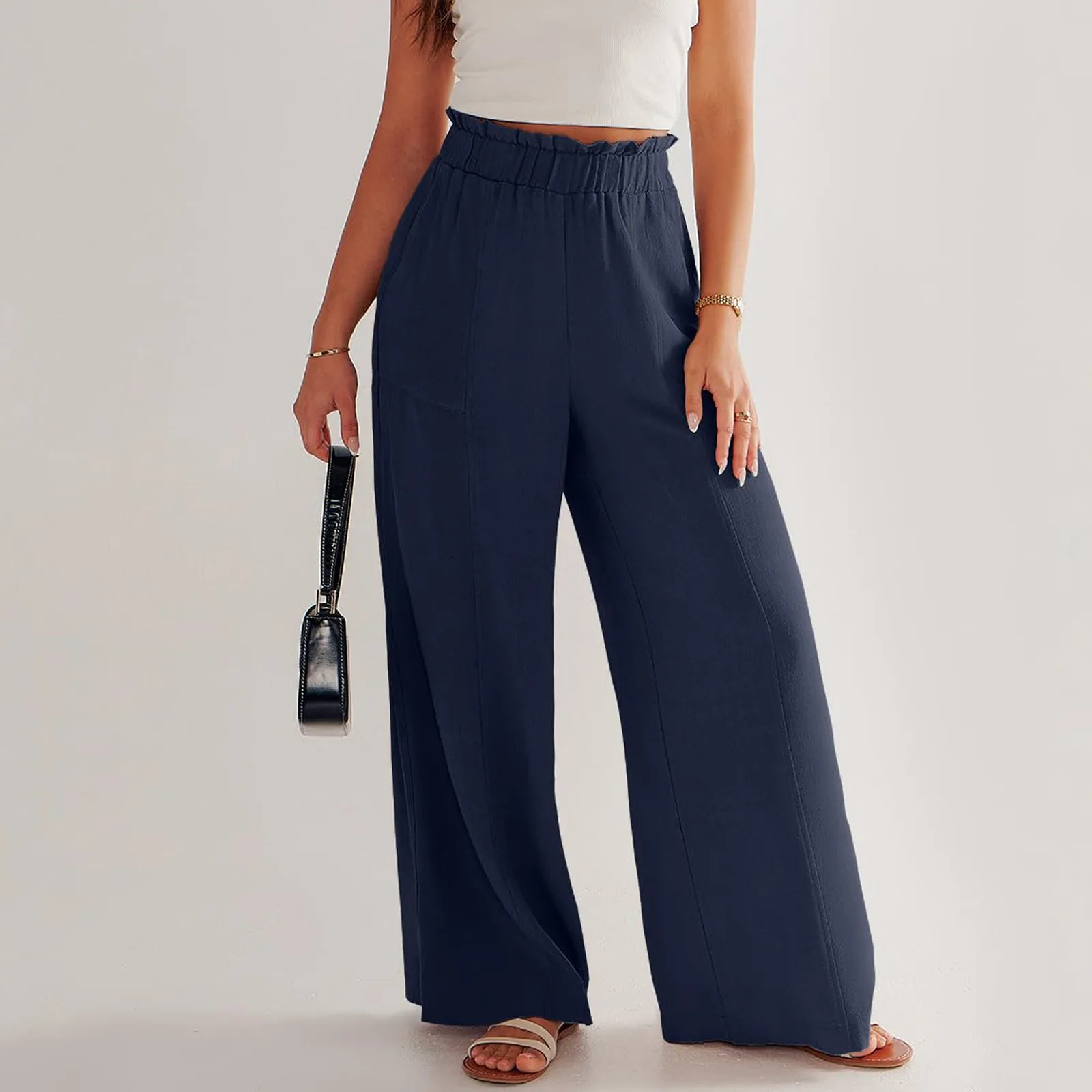 Low Rise Frill Multiple Pockets Resort Linen-feel Pants