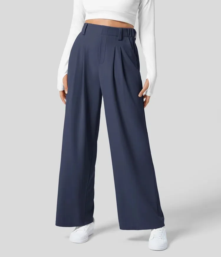High Waisted Side Pocket Wide Leg Flowy Solid Palazzo Quick Dry Casual Pants