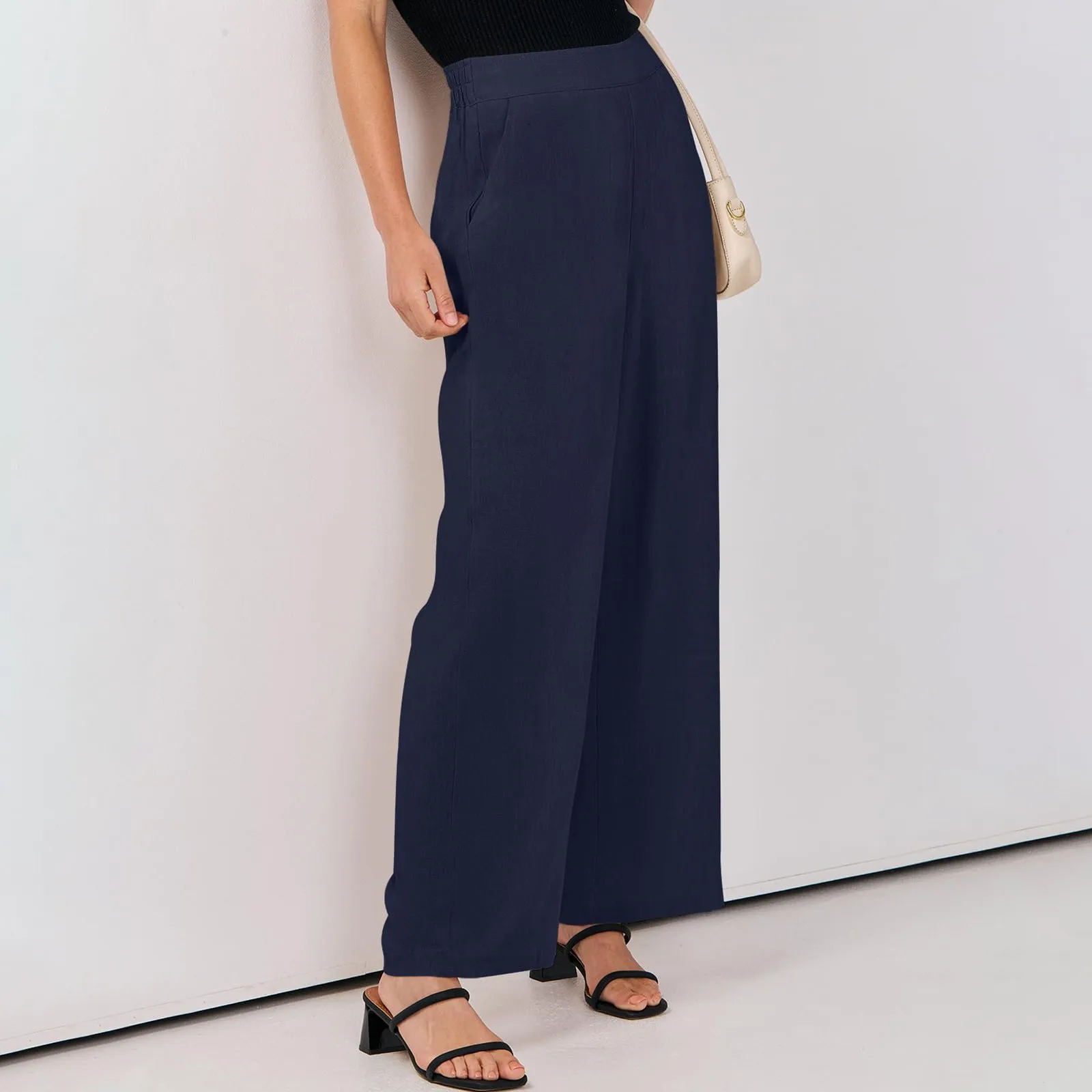 High Waisted Invisible Button Zipper Side Pocket Wide Leg Work Pants