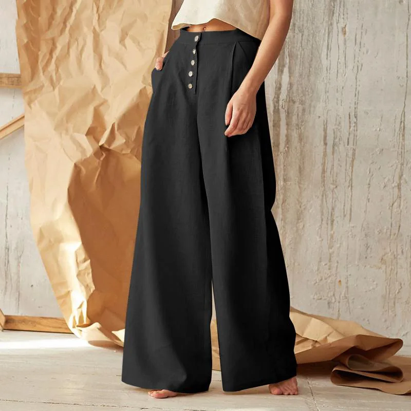 High Waisted Button Side Pocket Wide Leg Linen-feel Casual Cotton Pants