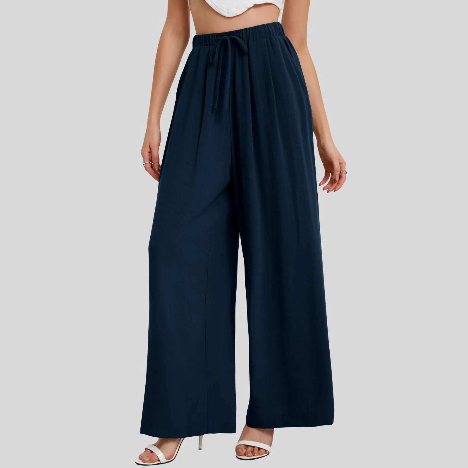 Mid Rise Decorative Knot Side Pocket Waffle Loose Resort Pants