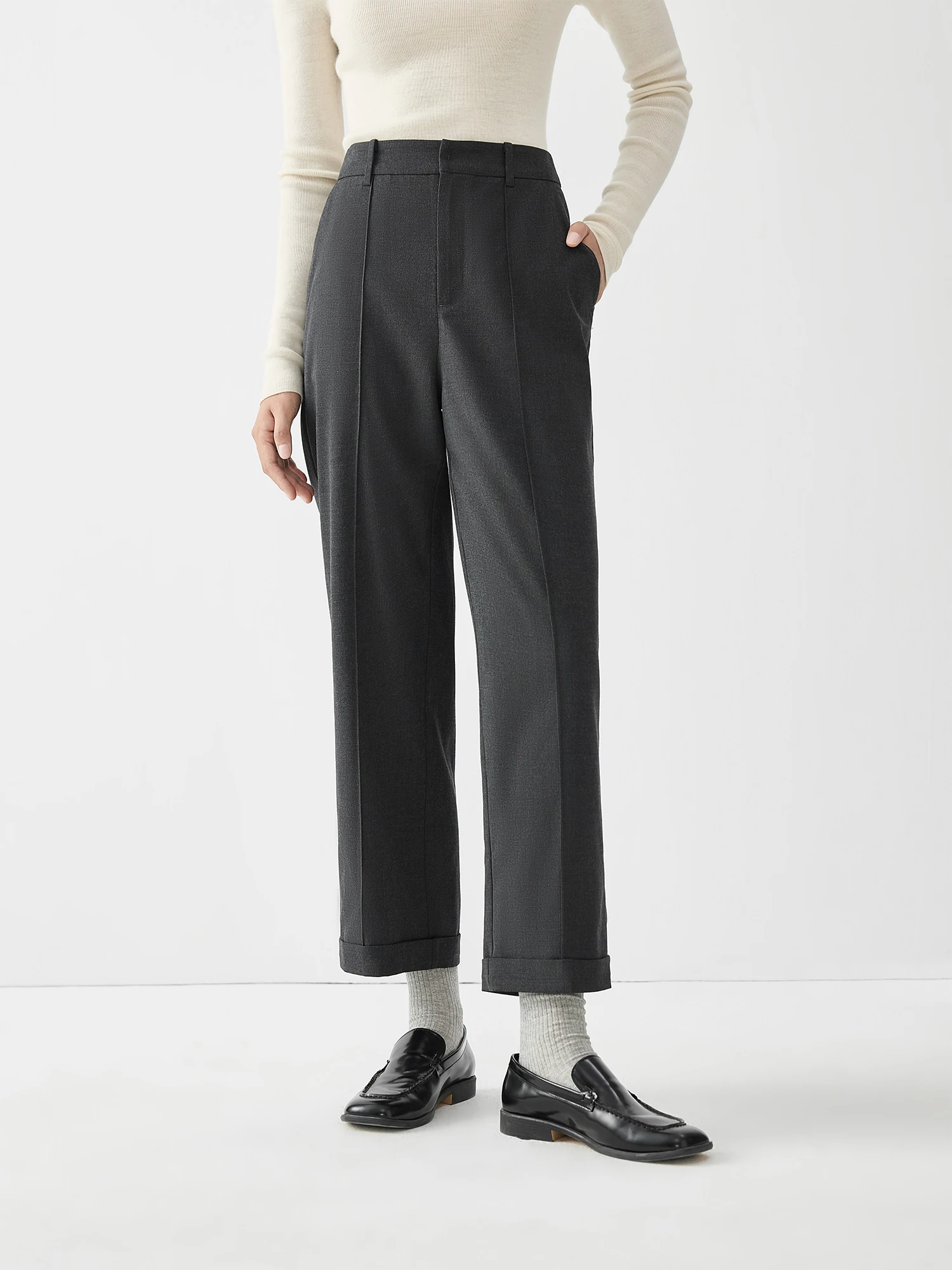 High Waisted Side Pocket Roll-up Legs Work Pants