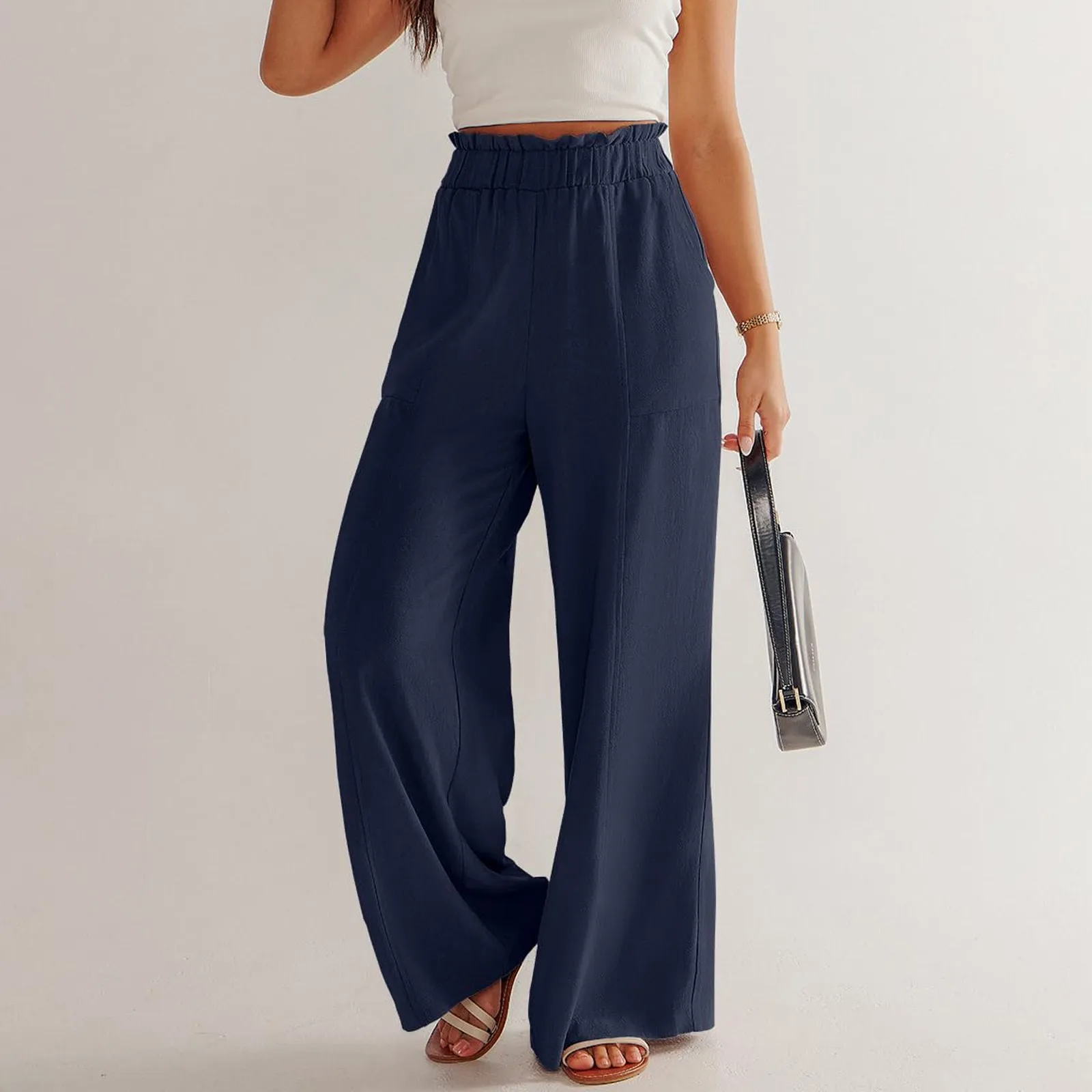 Low Rise Frill Multiple Pockets Resort Linen-feel Pants