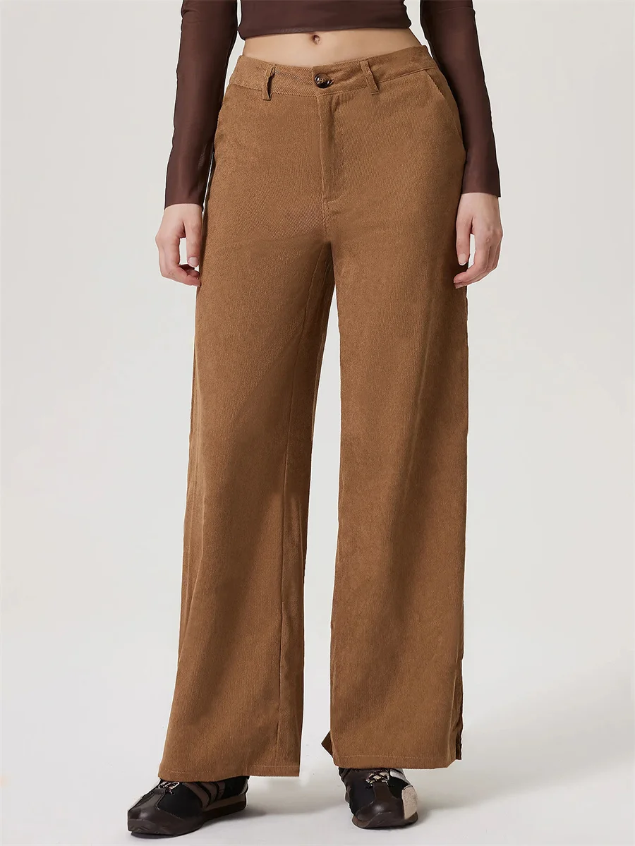 High Waisted Front Side Pocket Wide Leg Corduroy Casual Pants