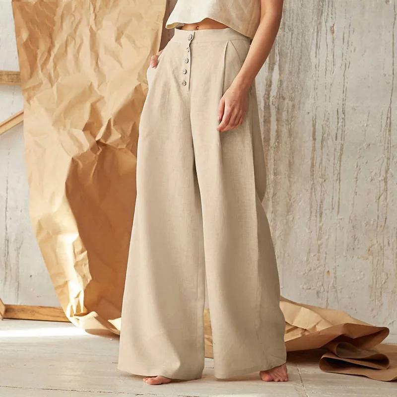 High Waisted Button Side Pocket Wide Leg Linen-feel Casual Cotton Pants