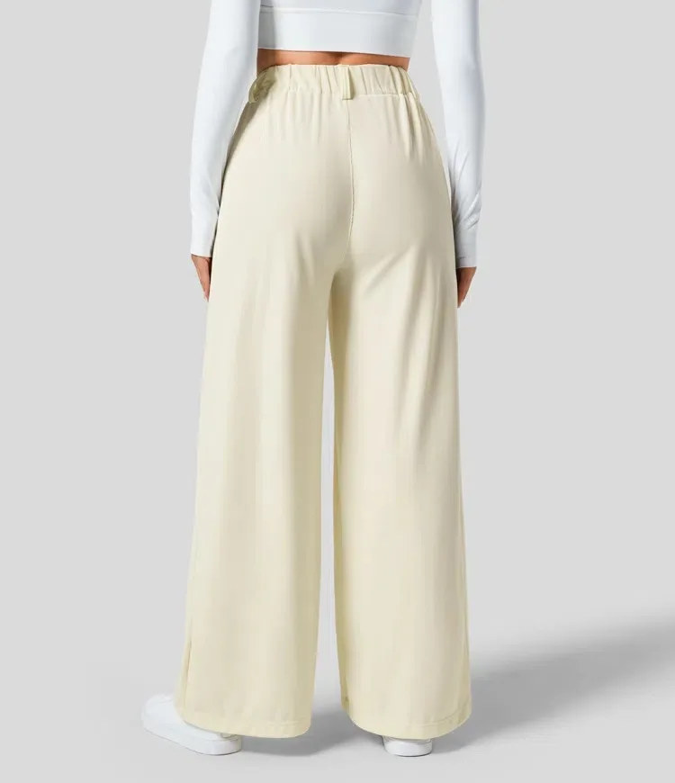 High Waisted Side Pocket Wide Leg Flowy Solid Palazzo Quick Dry Casual Pants