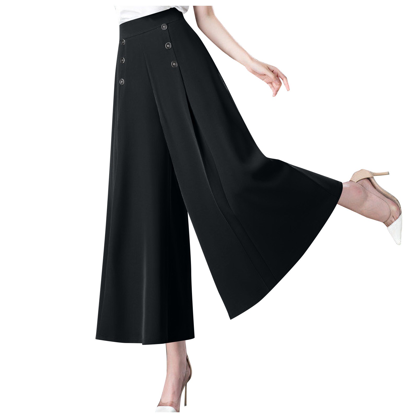 High Waisted Decorative Button Side Pocket Palazzo Wide Leg Work Pants
