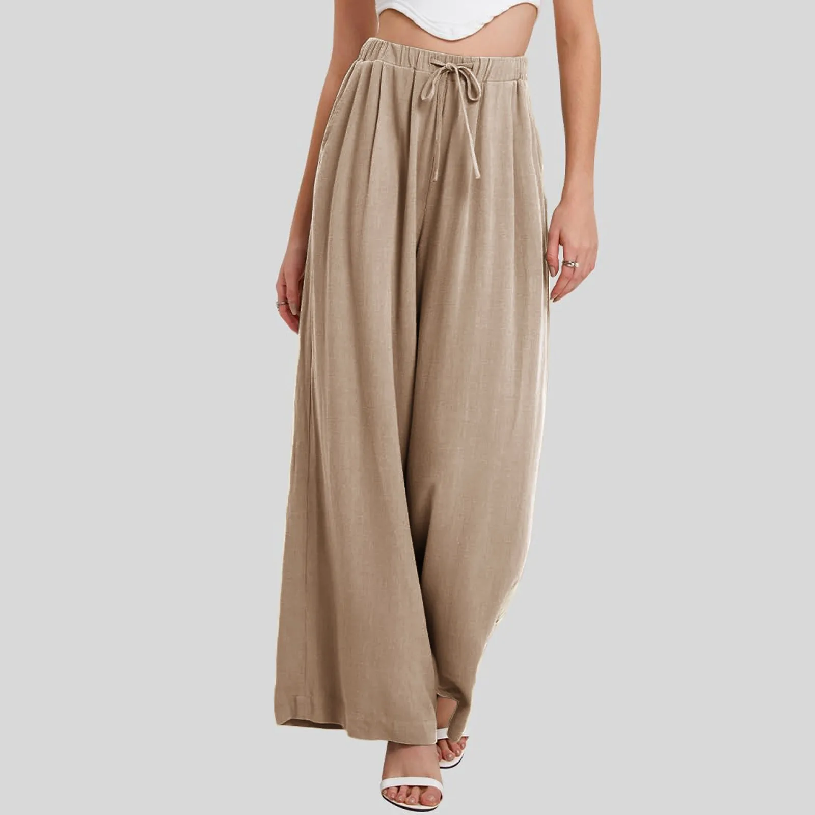 Mid Rise Decorative Knot Side Pocket Waffle Loose Resort Pants