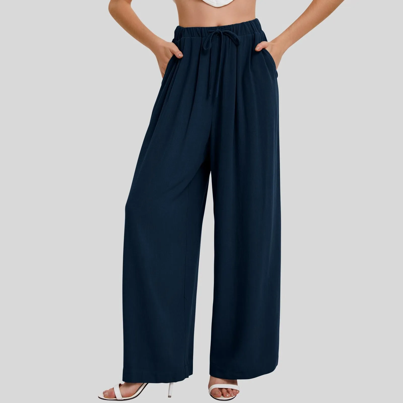 Mid Rise Decorative Knot Side Pocket Waffle Loose Resort Pants