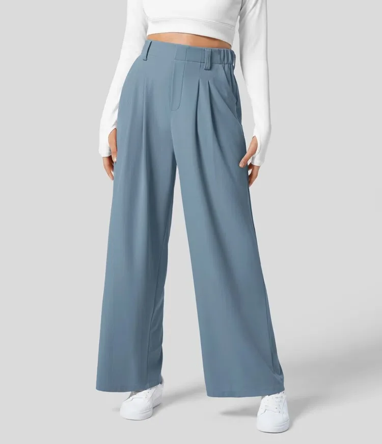 High Waisted Side Pocket Wide Leg Flowy Solid Palazzo Quick Dry Casual Pants