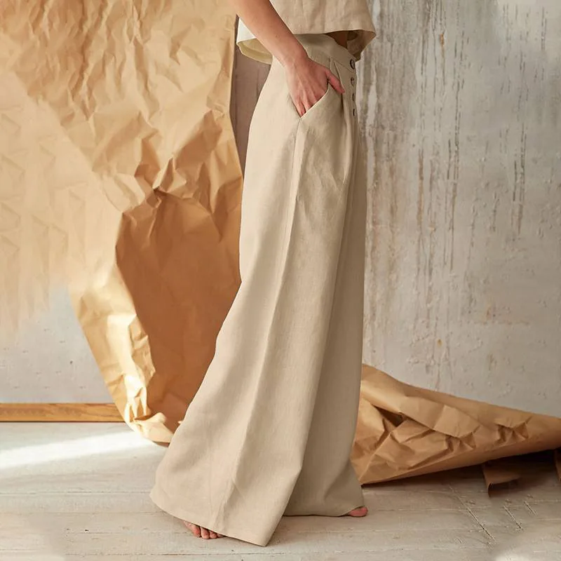High Waisted Button Side Pocket Wide Leg Linen-feel Casual Cotton Pants