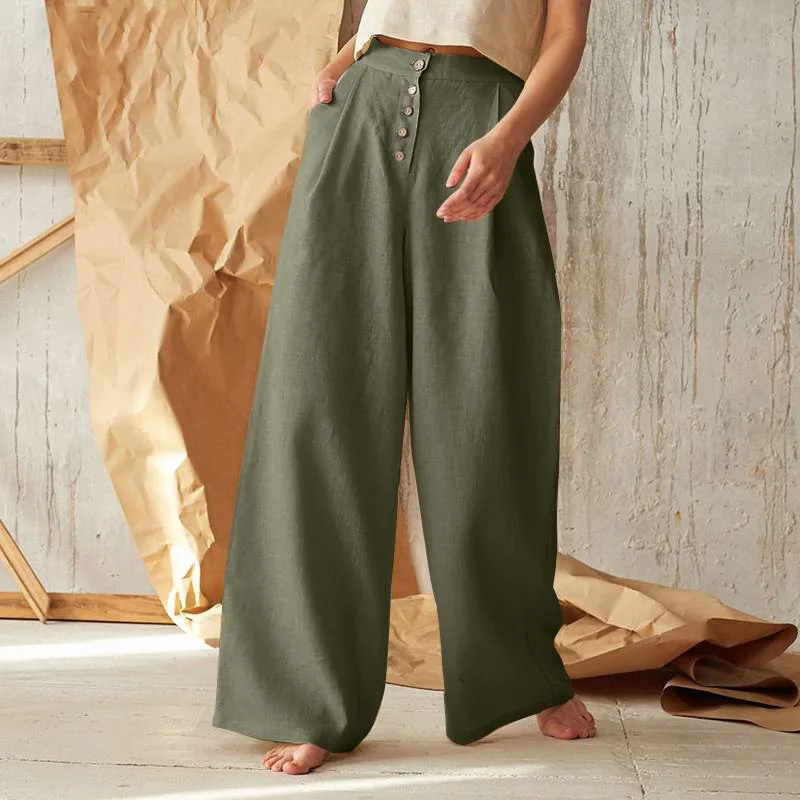 High Waisted Button Side Pocket Wide Leg Linen-feel Casual Cotton Pants
