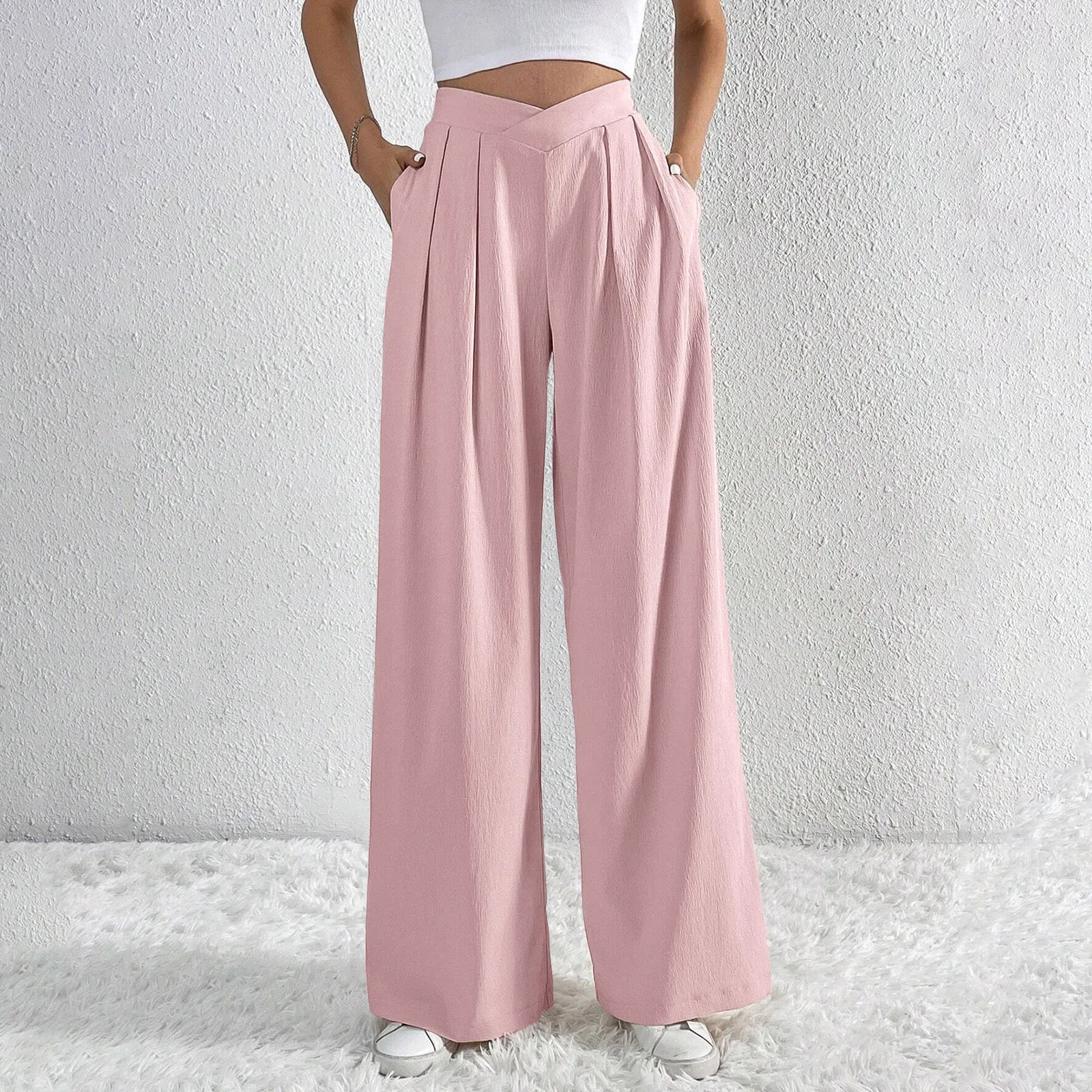 High Waisted V Shaped Side Pocket Wide Leg Palazzo Quick Dry Casual Pants