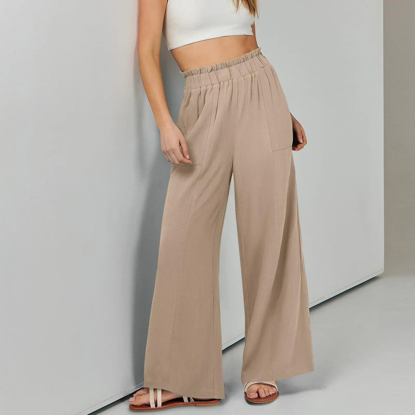 Low Rise Frill Multiple Pockets Resort Linen-feel Pants