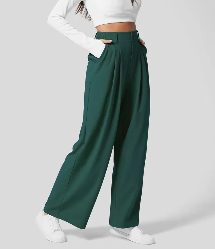 High Waisted Side Pocket Wide Leg Flowy Solid Palazzo Quick Dry Casual Pants