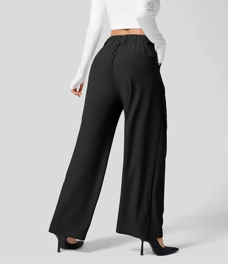 High Waisted Side Pocket Wide Leg Flowy Solid Palazzo Quick Dry Casual Pants