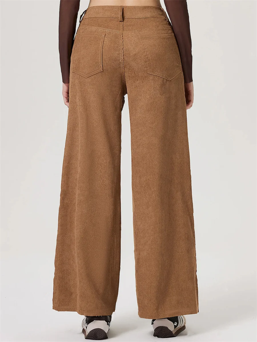 High Waisted Front Side Pocket Wide Leg Corduroy Casual Pants