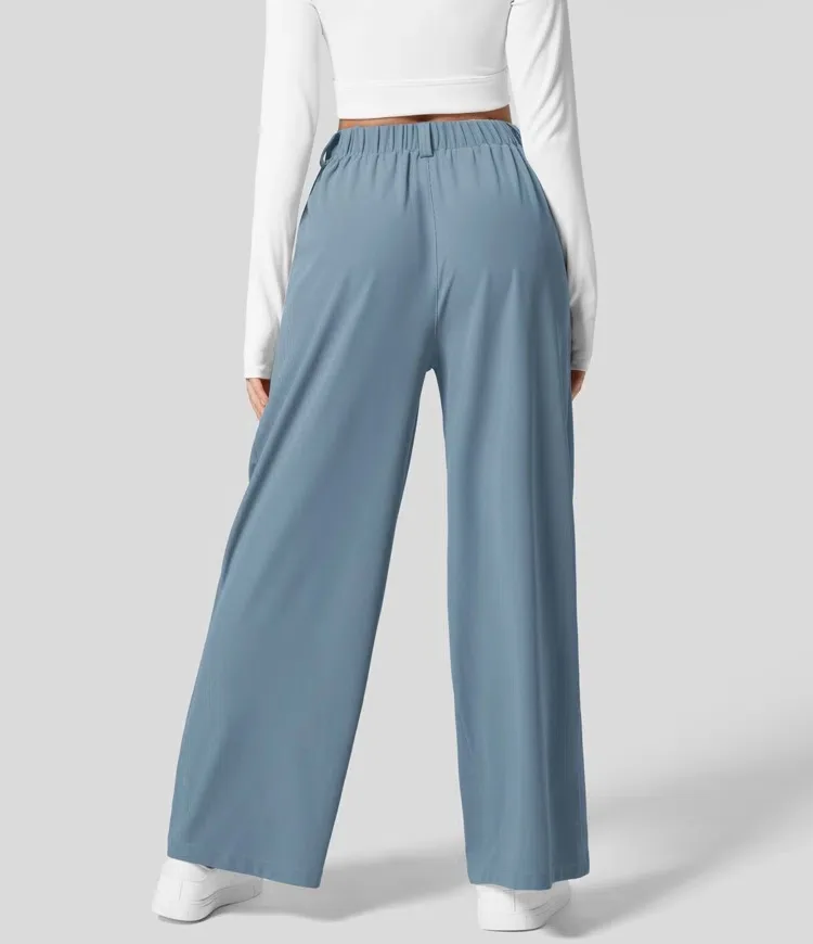 High Waisted Side Pocket Wide Leg Flowy Solid Palazzo Quick Dry Casual Pants