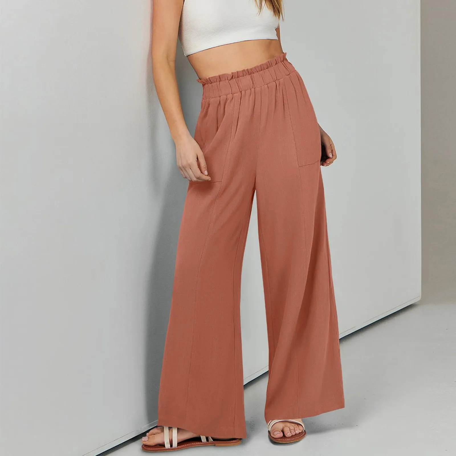 Low Rise Frill Multiple Pockets Resort Linen-feel Pants