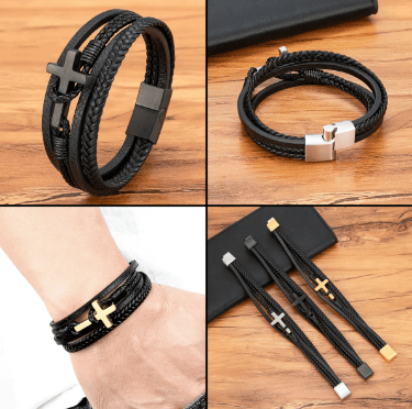 Men’s Braided Leather Cross Bracelet