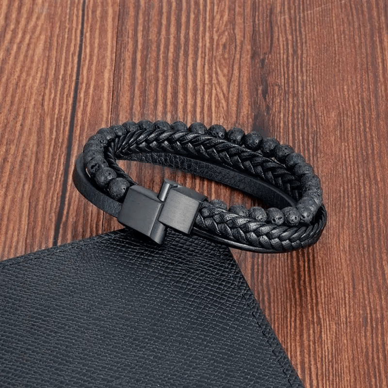 Volcanic Stone Mens Leather Bracelet - Stainless Steel Magnetic Clasp - Dakell