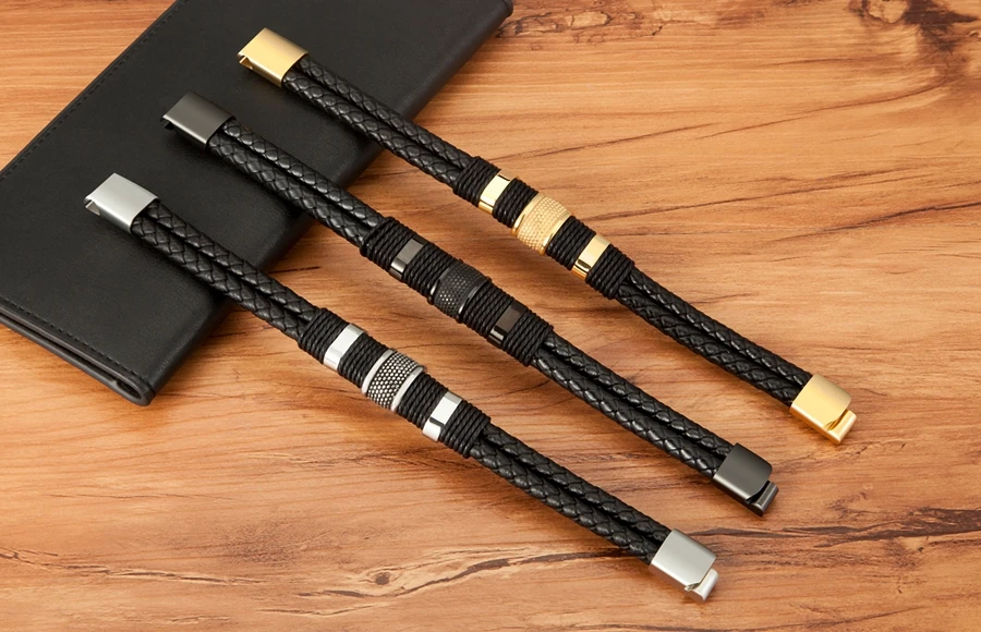 Omni Leather Rope Bracelet - Classic Stainless Steel Double-layer Mens Bracelet With Special Design - Dakell